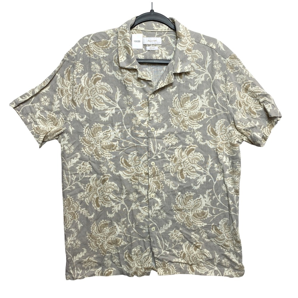 Porter & Ash Shirt Mens Large Tan Short Sleeve Floral Linen Blend Camp Button Up